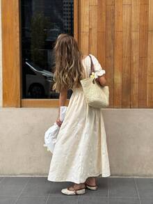 Serisse 女士度假植物刺绣V领短袖休闲连衣裙 - 杏色 - 查看 2