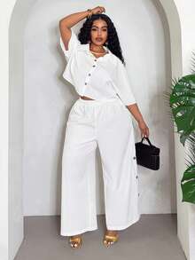 Veslaya Bộ đồ mùa xuân/hè mới gồm áo croptop trắng dáng rộng và quần ống rộng, có cúc trang trí, chất liệu vải dệt, hơi xuyên thấu, thích hợp cho tắm nắng, nghỉ dưỡng khách sạn/du thuyền, đi làm, mặc thường ngày, dự tiệc, họp mặt gia đình, cỡ lớn. Bộ 2 món - trắng - Xem 10
