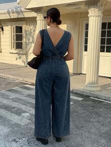Dazy Plus Plus Size Women Vintage Washed Denim Deep V-Neck Sleeveless Jumpsuit, Spring/Autumn - Dark Wash - View 2