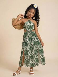 Travachic KIDS 少女度假休闲优雅绿色碎花吊带连衣裙 - 彩色 - 查看 1