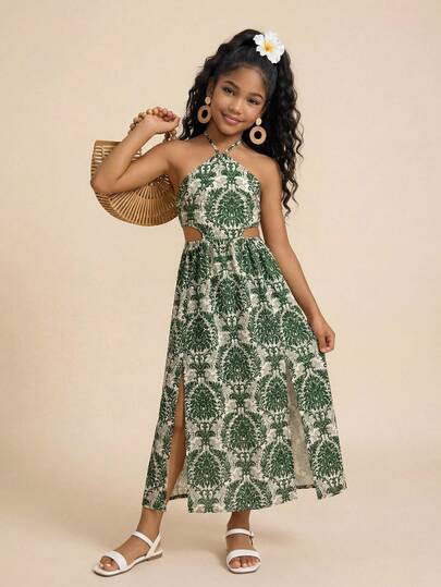 Travachic KIDS Vestido de tirantes casual y elegante con estampado floral verde para niñas preadolescentes