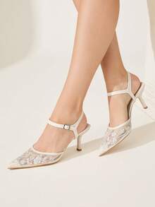 CUCCOO CHICEST 女士时尚尖头米色刺绣网纱仿珍珠派对优雅踝带细高跟鞋，适合圣诞节、婚礼、春季等场合，优雅鞋履，新娘鞋 - 米色 - 查看 7