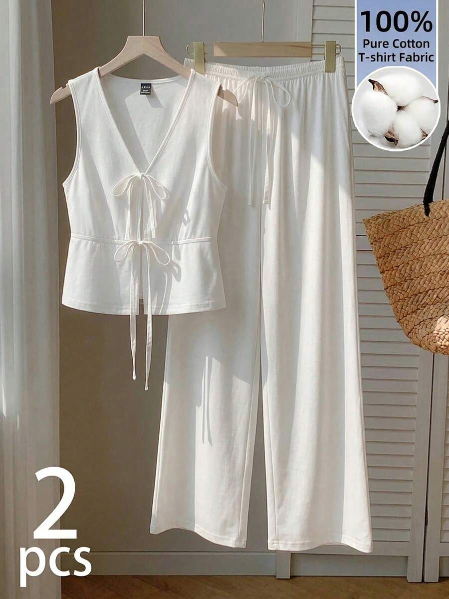 Comfortcana 95% Cotton Pure White Knit V-Neck Tie Front Sleeveless Shirt And Pants Women's Two Pieces Casual Set - Summer Vacation, Boho, Festival, Elegant Spring & Summer Outfit - Multicolor - View 1