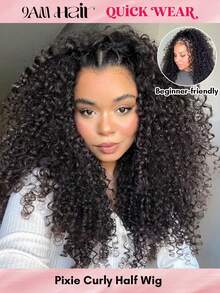 QUICK WEAR Pixie Curly Half Wig Human Hair 3 In 1 Seamless Flip Over Half Wigs Human Hair Glueless Wigs With Front Pixie Curly Hair Natural Black Wear And Go Beginner Friendly Human Hair Drawstring Headband Wig For Women - Natural Black - View 17