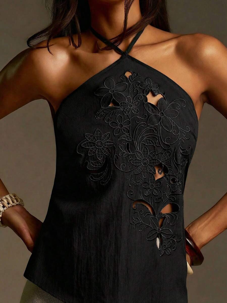 Athîral 女士休闲度假露肩无袖不对称下摆灰色上衣，春夏款 - 黑色 - 查看 1