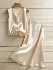 Franclia 2pcs Set:Pearl Decor Elegant Scoop Neck Camisole Top & Satin A-Line Skirt,Summer Outfits For Women,Classy Cream Tea Party Outfit,Formal Vest Skirt Set - Apricot - View 8