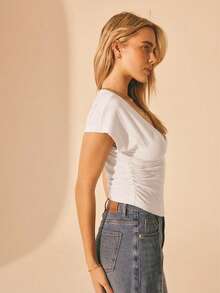 Aralina 女士针织V领短袖收腰T恤，侧边褶皱设计，可爱外出上衣，派对上衣，优雅职场穿搭，休闲日常上衣，棕色上衣 - 白色 - 查看 6