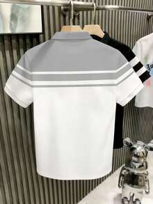 Manfinity Dauomo Camisa polo casual de manga corta con estampado geométrico de rayas para hombres - Multicolor - Ver 2
