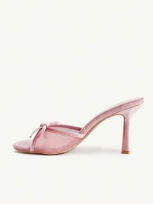 SHEIN X Belle Mariano CUCCOO CHICEST 粉色韩版丝绒网纱拼接蝴蝶结装饰时尚穆勒鞋圆头高跟凉鞋，适合春秋季穿着 - 珊瑚粉 - 查看 5