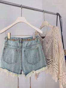 GlowEve 女士夏季休闲水洗做旧毛边牛仔短裤 - 藍色 - 查看 4