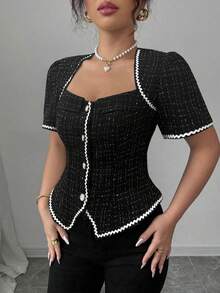 Elenzga Women's Elegant Black And White Summer Jacquard Wavy Ribbon Short Sleeve Blouse,Classy Button Up Tweed Top For Business Casual Tea Party Outfits - Black - View 7