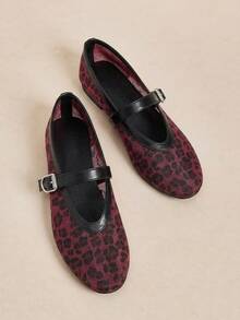 Rosivie Women's Casual Leopard Print Buckle Design Flat Loafers, Versatile For Daily Wear - Burgundy - View 5