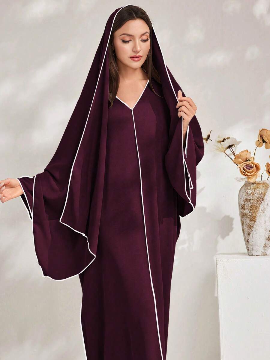 Al Najma Elegant Contrast Trim Turkish Maxi Dress - Purple - View 1