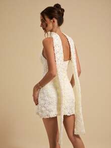 SHEIN BAE Đầm ngắn dáng chữ A màu trắng, cổ chữ V, chất liệu có họa tiết, thắt nơ trang trí, thích hợp mặc đi học, đầm trắng, đầm hè cho nữ. - trắng - Xem 2