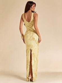 SHEIN BAE Elegantes, hellgelbes Sommerkleid für Damen, ideal als Hochzeitsgast, ärmelloses, figurbetontes Abendkleid aus strukturiertem Jacquard-Stoff, einfarbiges Kleid für Cocktailpartys, Urlaub und Strand - Gelb - Übersicht 2