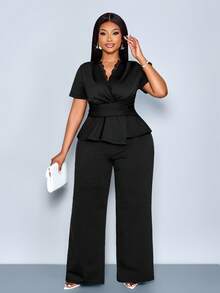 SOLERSUN Conjunto de top peplum elegante con cuello en V, detalle de encaje y plisado, combinado con pantalones de pierna ancha, adecuado para el trabajo y el transporte para mujeres de talla grande - Negro - Ver 6