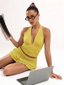 SHEIN BAE 女士波点印花深V领吊带背心 - 芥末黃 - 查看 3