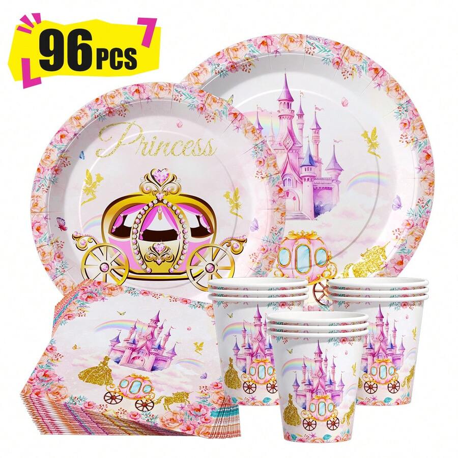 Pink Base Castle Disposable Plates, Napkins And Cups, Party Supplies Set, Serves 24 People, Disposable Paper Party Tableware, Suitable For Birthdays, Weddings, Themed Parties And Family Picnics. - View 1
