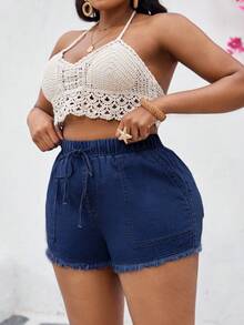 SHEIN Slayr Quần short denim ôm sát, cạp chun, cỡ lớn, màu xanh dương - Rửa tối - Xem 3