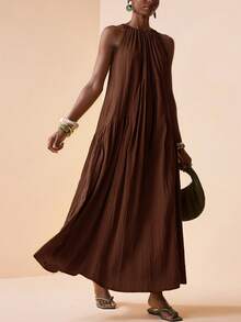 Zivah Vestido casual, de fiesta y de viaje con pliegues de unicolor para mujer - Marrón - Ver 6