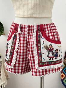 Sweetra 大码弹力腰宽口袋数码印花格子宽松休闲荷叶边甜美可爱度假户外约会派对女式短裤 - 紅色 - 查看 6