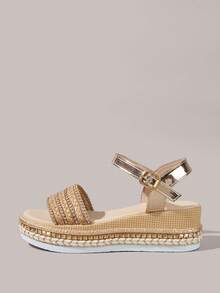 Styleloop Ladies Platform Wedge Sandals Bohemian Vacation Sandals Summer Open-Toed Hemp Rope Straw Shoes Outside Vacation Dress Shoes - khaki knitting - View 3