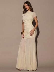 Đầm ôm sát không tay cổ tròn màu đỏ tía dành cho nữ, kiểu dáng thanh lịch, thích hợp cho kỳ nghỉ, lễ hội, Giáng sinh, tiệc tùng, hẹn hò, sinh nhật. - Màu be - Xem 5