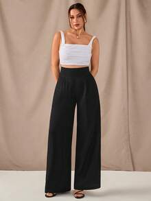 SHEIN Quần Palazzo ống rộng cạp cao bằng vải lanh dành cho nữ, kiểu dáng thoải mái, màu đen, thích hợp cho mùa hè. - màu đen - Xem 3