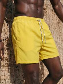 ZELFYO 男士素色腰部抽繩泳褲 - 黃色 - 查看 6