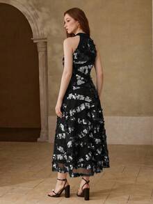 MOTF PREMIUM WOMEN'S SEQUIN HALTER MIDI A-LINE DRESS - Black - View 3