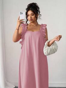 SHEIN PETITE 大码女式休闲纯色荷叶边方领无袖连衣裙，夏季 - 藕粉色 - 查看 3
