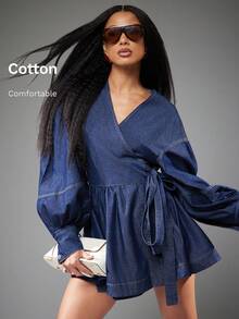 Dress Wrap Detail Balloon Sleeve V-Neck Knotted Waist Ruched Casual Everyday Vacation Denim Club Spring Break Spring Summer Vacation Travel Beach Event Party Luxury Kings Day Going Out Boho Outfits For Women - Dark Wash - View 1