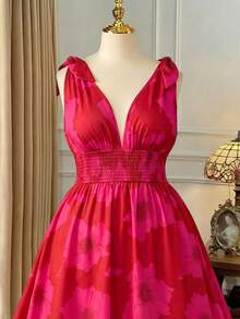 Rometta Große Größen Damen Urlaubsstil Blümchen Kleid, V-Ausschnitt ärmelloses Taille gerafft Schlank Langes Kleid, Strand Batik Blumen Maxi Kleid - Heißes Pink - Übersicht 6