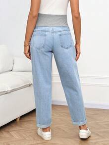 SHEIN 孕妇休闲水洗高腰牛仔裤 - 藍色 - 查看 2