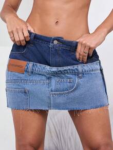 Denimoi Stacked Waist Low Rise Raw Hem Denim Micro Mini Skirt - Multicolor - View 3