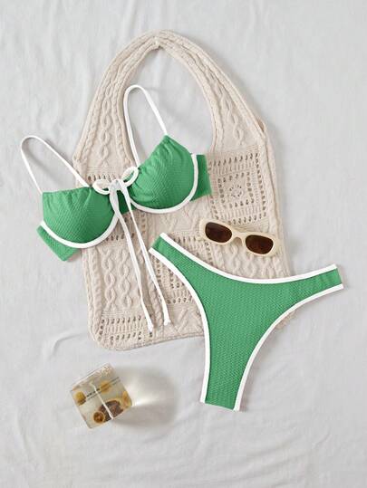 SHEIN Women's Summer Beach Contrast Color Tie Front Sexy Bikini Set Beach Outfit For Women Swimsuit Holiday Outfits For Women Bikini Cute Swimsuits For Women Bathing Suit Accessories Beach Sets For Women Women's Bikini Sets Women's Swim Suit Set Summer Swimsuit Women Beach Wear Bikinis Set For Women One Piece Bathing Suits For Women Beach Outfit For Women Summer Swimsuit Yummy Control Bathing Suit