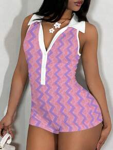 Slaydiva Women's Geometric Print Button Design Sleeveless Casual Jumpsuit - Multicolor - View 2