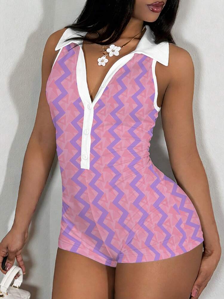 Slaydiva 女士几何印花纽扣设计无袖休闲连体裤 - 彩色 - 查看 2