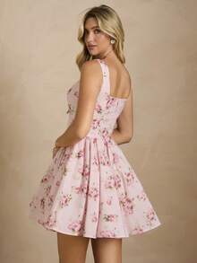 Enchnt Đầm mini dáng chữ A cổ vuông in hoa dành cho nữ - Hồng - Xem 7