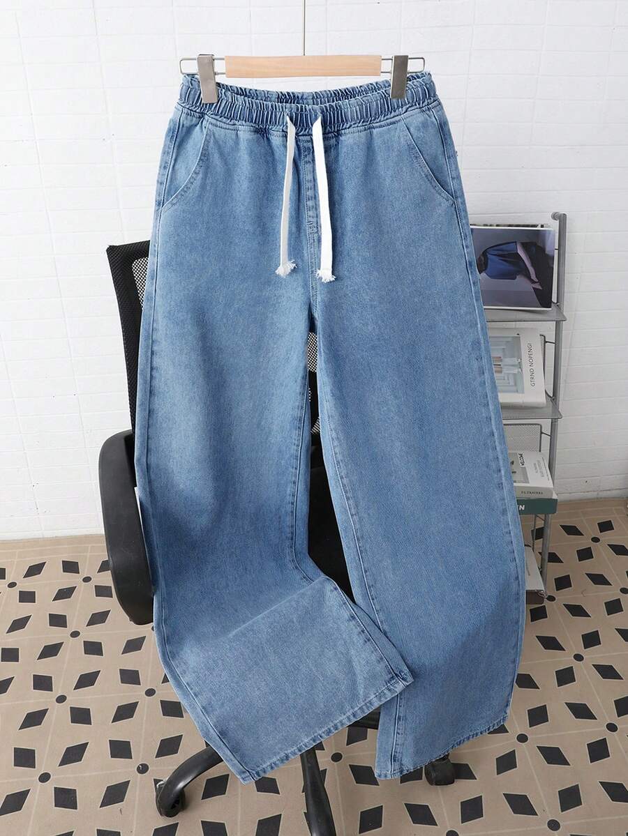 Quần jeans ống đứng thoải mái phong cách vintage Y2K cho bé trai tuổi teen, dễ phối đồ, cạp chun co giãn có dây rút, thiết kế thoải mái, thích hợp mặc hàng ngày và mùa hè xuân. - Rửa trung bình - Xem 1