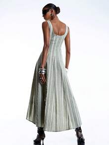 LYSMO Đầm nữ dáng suông kẻ sọc, vạt bất đối xứng, thích hợp cho mùa hè. - màu xanh lá - Xem 2