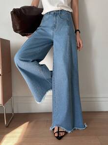 DAZY High Waist Raw Trim Wide Leg Jeans - Medium Wash - View 3