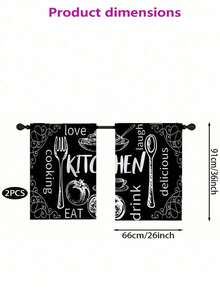 2pcs Piece Pastoral Theme, Kitchen Cutlery Food Cooking Print Curtains, Curtain Curtain Rod Pocket Pastoral Kitchen Curtains, Cafe Curtains Living Room Office Bedroom Home Decorative Curtains - Black - View 6
