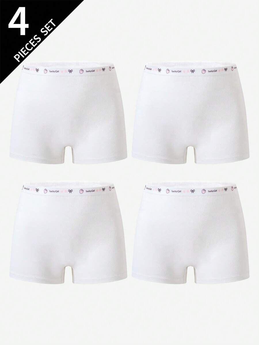 4pcs Girls' Cotton Cute Printed Panties, Assorted Colors Shorts 4 Pack,Sweet Waistband Patchwork Classic White Boxer Briefs - White - View 1