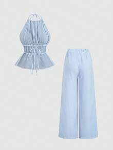 Franclia 女士法式宽松两件套，条纹系带露背上衣搭配休闲阔腿裤，时尚街头风夏季穿搭 - 藍色 - 查看 2