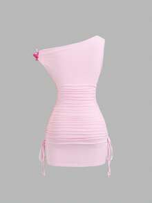 Sweetra French Romantic Pink Floral Asymmetrical Shoulder Tie-Up Bodycon Ruched Slim Fit Versatile Sexy Lady Dress - Pink - View 3