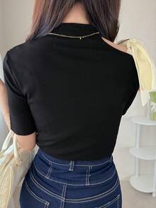 FRIFUL Áo thun nữ cổ cao, cổ tròn, khoét vai, nơ tương phản, dáng ôm, tay dài, kiểu dáng ngọt ngào, thích hợp cho mùa thu và mùa hè. - màu đen - Xem 7
