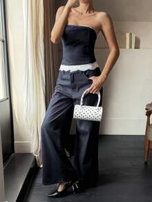 Livesso Mono de verano informal de mujer de algodón denim con parte superior de tubo y dobladillo de encaje - Azul lavado oscuro - Ver 4