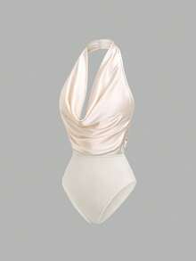 Sweetra Spring/Summer New French Style Draped Neck Ruched Waist Backless Bow Tie Satin Bodysuit, Elegant Office Wear In Apricot - Apricot - View 3