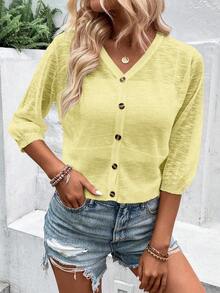 EMERY ROSE Women's Solid Color Short Sleeve Single-Breasted Casual Sheer Cardigan - Yellow - View 5